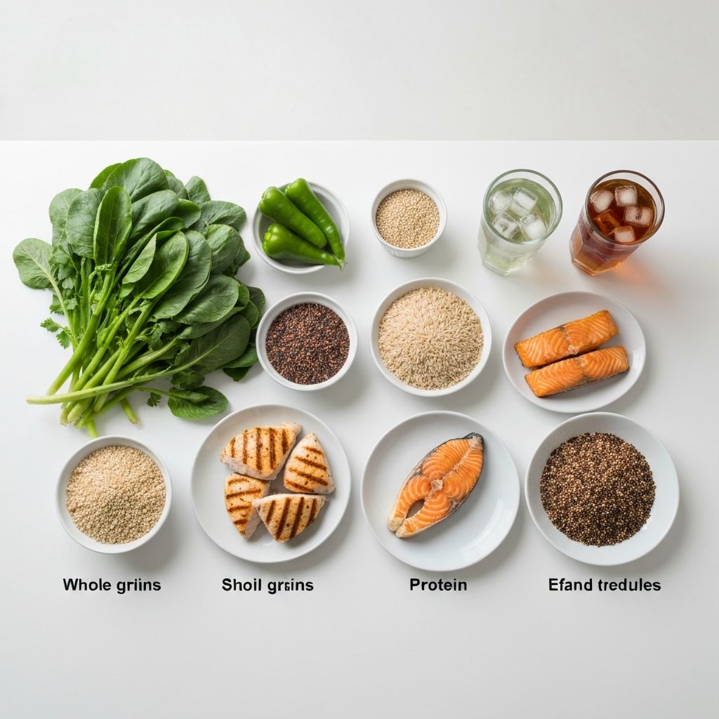 Grundlagen von Gemüse, Getreide und Proteinen auf einem Esstisch