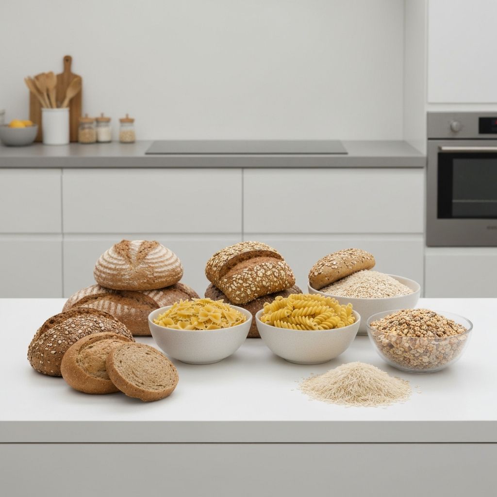 Verschiedene Getreideprodukte: Brot, Getreide, Pasta auf einem Tisch